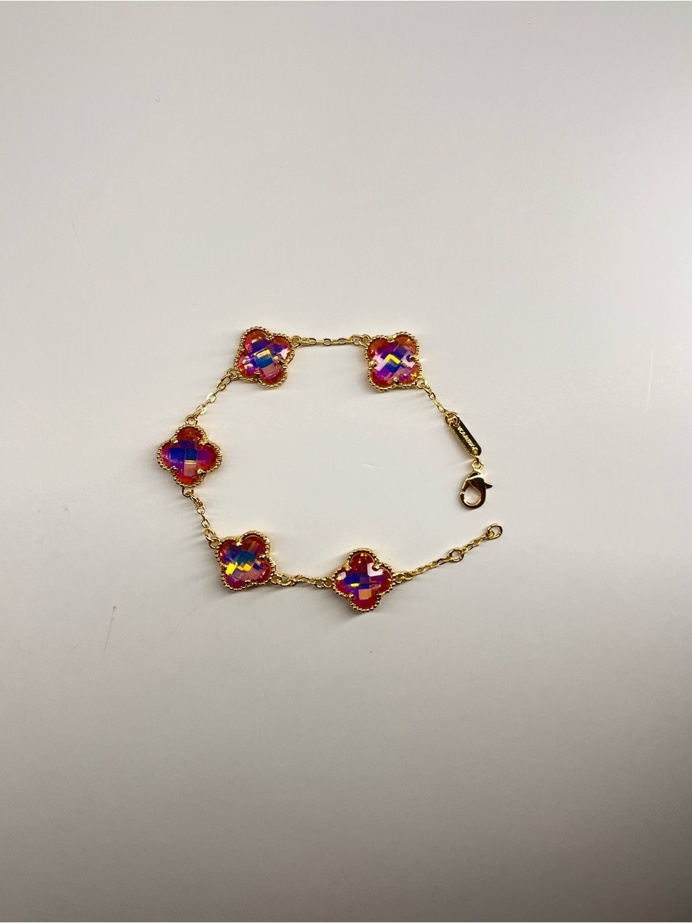 Gold-Filled Chain Bracelet with Pink Iridescent Clover Stones
